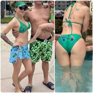 MINECRAFT Green Bikini Skirt Set With Visor Matching Men’s Swim Trunks S/L/XL